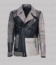 New Mens Gray Black  Brando Full Silver Studded Cowhide Biker Leather Jacket  - £321.63 GBP+