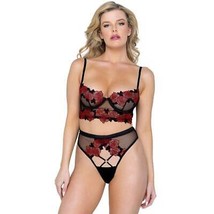 Rose Embroidered Bra Set Balconette Cups Sheer Cut Out Strappy Thong Pan... - £31.72 GBP
