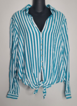 Womens Top Shirt Blouse 1X Alpha Amour NEW Button Blue White Striped Beach Tie - £13.32 GBP