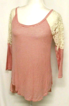 Arizona J EAN S Blouse Size Medium Pink &amp; White Striped Laced Shoulders 3/4 Sleeve - £9.72 GBP