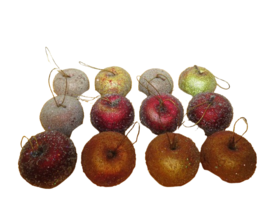 Frosted Sugar Coated Beaded Faux Fruit Apples Set Of 12 Ornaments Green Red - £18.47 GBP