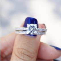 2CT Cushion Cut Diamond 14K White Gold Finish Solitaire Engagement Wedding Ring - £74.96 GBP