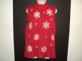Quacker Factory Sz Small S Vest Red with Embroidered Snowflakes Zip Front Beaded - £14.02 GBP