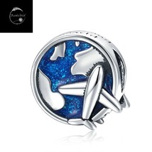 Genuine Sterling Silver 925 World And Plane Travel Holiday Beach Blue Bead Charm - £16.98 GBP