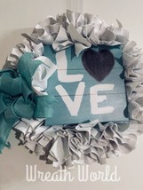 LOVE HEART WREATH NEW HANDMADE TEAL WHITE HOME DECOR VALENTINES DAY - £37.31 GBP