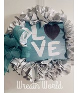 LOVE HEART WREATH NEW HANDMADE TEAL WHITE HOME DECOR VALENTINES DAY - £36.75 GBP