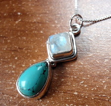 Moonstone Turquoise Pendant Sterling Silver Square Teardrop Corona Sun Jewelry - £6.51 GBP