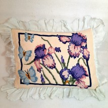 Iris floral throw pillow Needlepoint cross stitch pink purple ruffle butterfly - £28.77 GBP