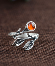 Sterling silver ring, Leaf Ring, Red Stone Ring, Zircon Ring, adjustable, R176 - £14.42 GBP