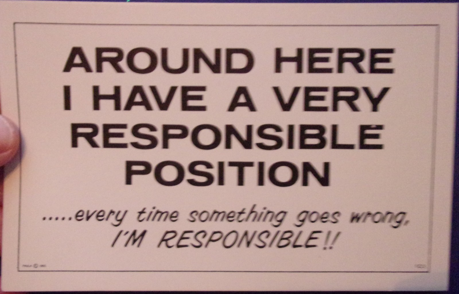 Around Here I Have A very responsible Position Joke Postcard - $3.99