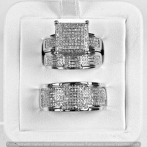 2.50 Ct RD Simulated Diamond Trio His/Her Bridal Engagement Ring Set 925 Silver - £105.88 GBP