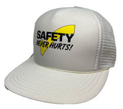 Vintage Safety Never Hurts Hat Cap Mesh Back Snapback Trucker Hat White Sportcap - £15.47 GBP
