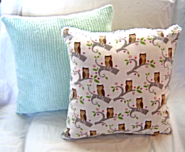 New Handmade Pillow 18 Inch Sea Foam Green Chenille with Owls - $26.99