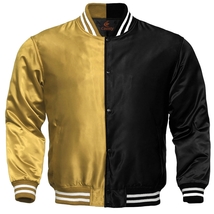Baseball letterman college bomber jacket satin black sports gold - £53.94 GBP