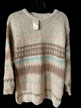 Keren Women&#39;s Knit Ski Geometric Sweater Medium Turquoise Peach VINTAGE ... - $26.72