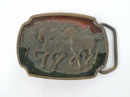 Brass Three Horses Galloping Red and Green Enameled Belt Buckle By Koleaco A18 - £9.37 GBP