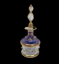 Vintage Egyptian Hand Blown Purple and Gold Glass Perfume Bottle w/ Stopper 4 5&quot; - £11.78 GBP