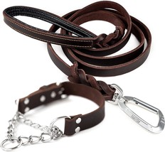 Braided Leather Dog Leash Deluxe And Martingale Leather Training Collar Bundle - £31.61 GBP