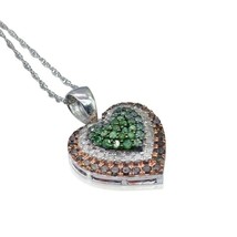 Sterling Silver 1.60CT Round White Green Brown Diamond Heart Pendant Necklace - £60.10 GBP