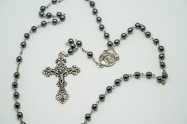 Beautiful Heavy Silvertone Metal Beaded St Pio Catholic Rosary 28&quot; Loop - €20,49 EUR