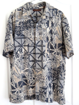 Tori Richards Men&#39;s Large Hawaiian Silk Shirt Tan Gray Indigo Wood Block Print - £39.56 GBP