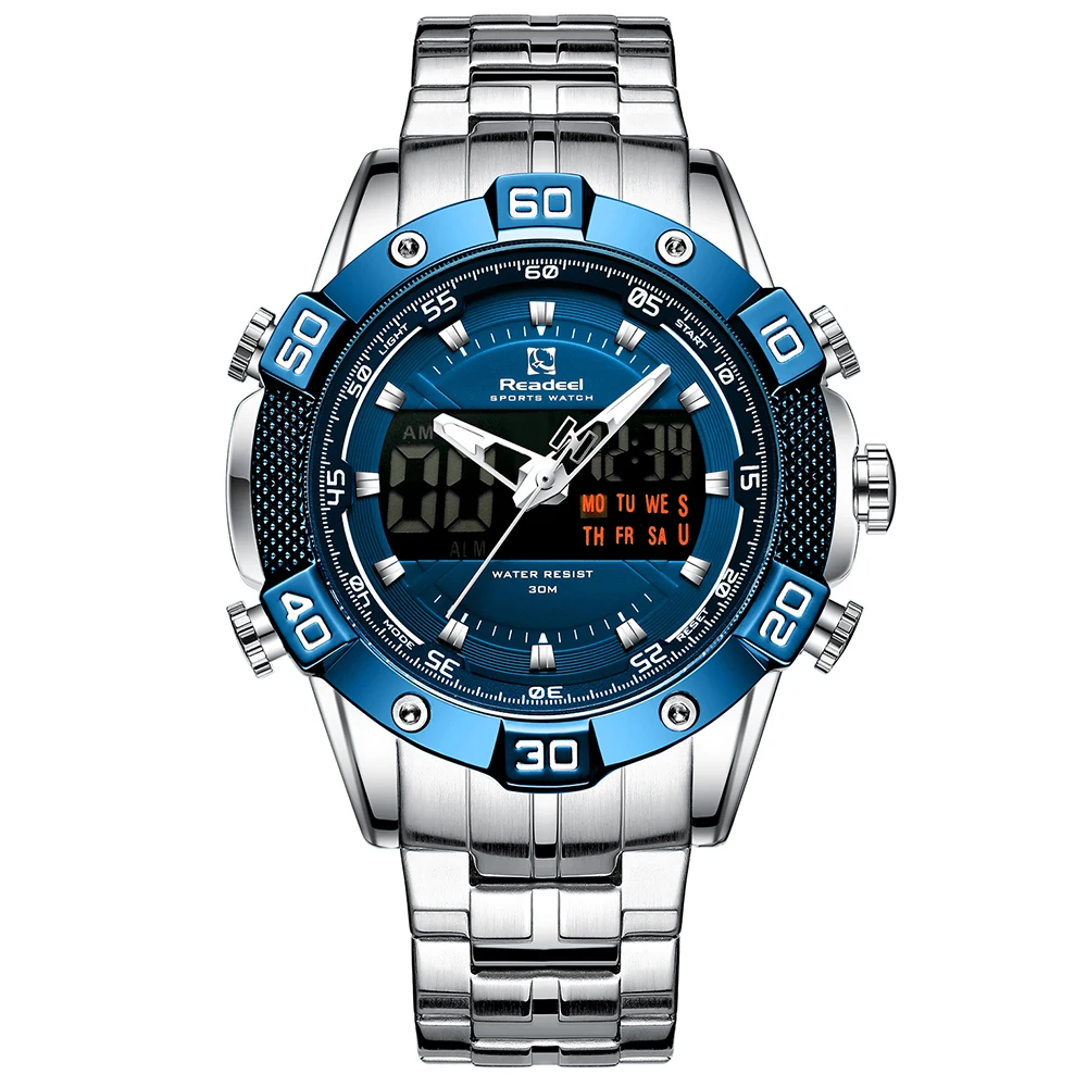   READEEL Waterproof    Men Silver Steel Digital og Watch Clock s Masculinos - £99.21 GBP