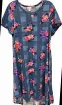 NWT LuLaRoe Medium Blue Plaid Pink Purple Roses Floral Carly Swing Dress - $41.57