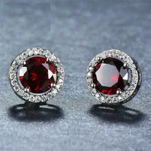 2Ct Round Cut Simulated Red Garnet Halo Stud Earrings 14K White Gold Plated - £26.42 GBP