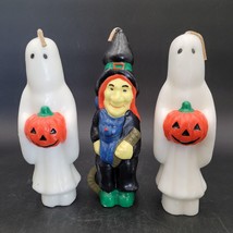 Three (3) Vintage Halloween Candles Witch w/Cat &amp; Two White Ghosts w/Pumpkins - £23.73 GBP