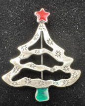 Christmas Tree Brooch Silver Tone Red Star Green Trunk Vintage Holiday Pin - $22.76