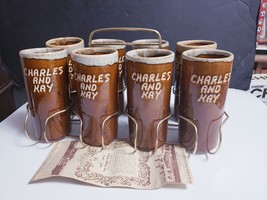 Set of 8 VAN BRIGGLE Art Pottery Brown Drip 6&quot; Tumblers w/ Gold Tone Metal Caddy - £32.15 GBP