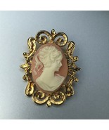 Light Orange &amp; Cream Carved Plastic Oval Woman Cameo w Ornate Goldtone F... - £8.92 GBP