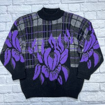 Vintage Classic Essentials Black Gray Plaid Knit Sweater Purple Floral S... - £27.59 GBP