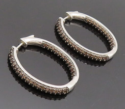 925 Silver - Vintage Smokey Quartz Band Inside Out Oval Hoop Earrings - EG12589 - £67.33 GBP