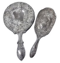 VTG International Silver Plated Antique look Mirror, Brush  Heavy Ornate - $22.72