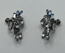 CARL ART Vintage Sterling Silver Pin Earrings Blue &amp; Crystal Rhinestones Clip On - £14.75 GBP