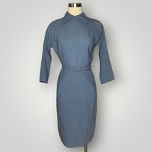 Vintage Rare Don Loper Originals 1950 Blue Pencil Dress Pleated Dagger Collar XS - £300.53 GBP
