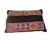 Brown Corduroy Needlepoint Pillow Vintage 18x10 Retro Colors Pink Green As Is - £56.18 GBP