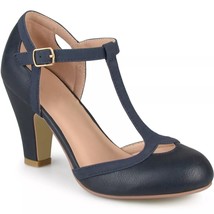 Journee Collection Women T Strap Mary Jane Heels Olina Size US 8W Navy Blue - £20.57 GBP