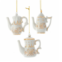 Kurt Adler Set Of 3 Porcelain Jeweled Gold &amp; White Teapot Xmas Ornaments J7488 - £18.28 GBP