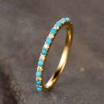 1.00 CT Turquoise &amp; Diamond Wedding Eternity Band Ring in 14K Yellow Gold Finish - £78.94 GBP