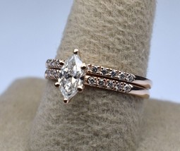 14K Rose Gold Plated Solitaire Bridal Ring Set 1.60Ct Marquise Simulated Diamond - £124.55 GBP