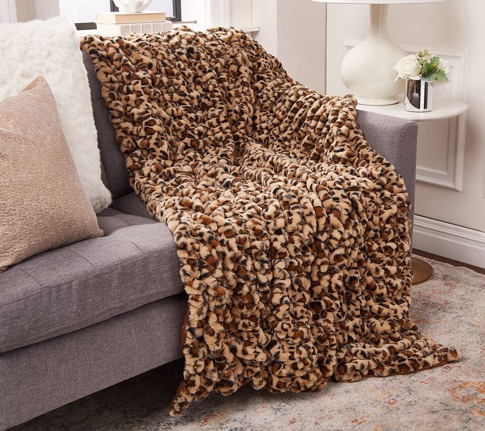 Hotel du Cobb Oversized Luxury Ruched Faux Fur Throw by Dennis Basso in Leopard - $87.29