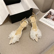 Lace Ankle Strap Sandals Women kitten Heels Pointed Wedding Bridal Shoes Pearl F - £48.23 GBP
