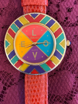 Vintage Ladies EXACTLY &quot;LOVE&quot; Multicolored Bezel Watch Gold Tone Red Leather - £4.62 GBP