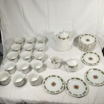 Lynns Fine China Christmas &quot;Poinsettia&quot; Holly Tea / Coffee Serving Set 36 Pieces - £192.72 GBP