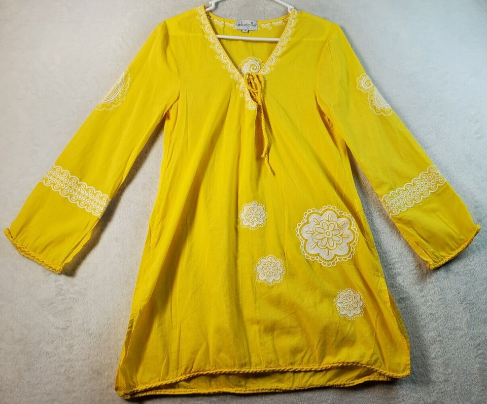 Mudpie Shift Dress Women Medium Yellow Embroidered Long Sleeve V Neck Dr... - $14.77