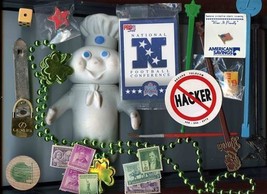 Junk Drawer Lot Doughboy Stamps Pens Swizzles Airline Buttons NFL Brass ... - $17.80