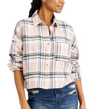 Just Polly Women&#39;s Juniors&#39; Cropped Plaid Button-Up Flannel Top Beige XS B4HP - £11.76 GBP