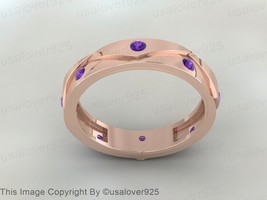 Natural Purple Round Amethyst Gemstone Sterling Silver Unisex Band Ring  - £46.66 GBP